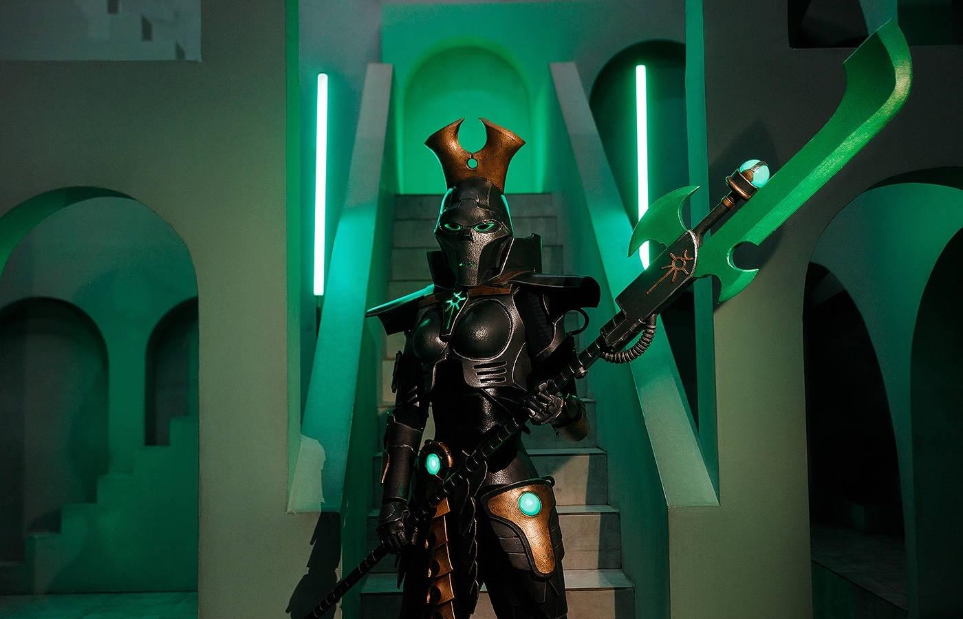 Cosplayer portrays a Necron Lychguard from the Warhammer 40,000 universe Cosplayer portrays a Necron Lychguard from the Warhammer 40,000 universe