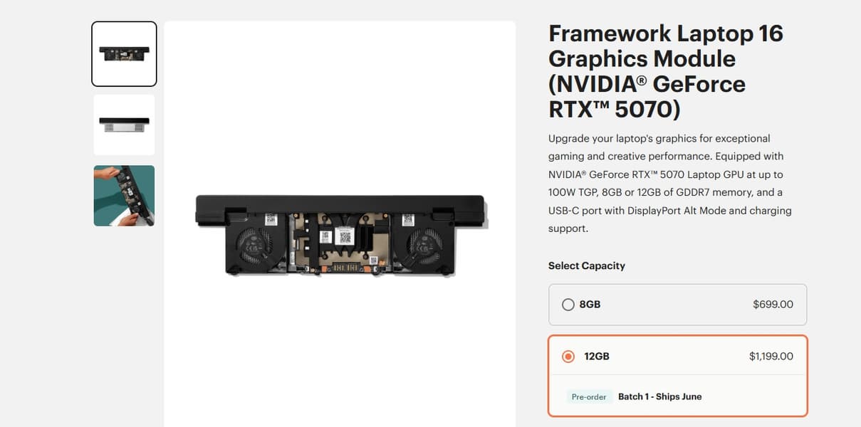 Ноутбучный модуль с GeForce RTX 5070 12GB от Framework стоит почти вдвое дороже версии на 8 ГБ