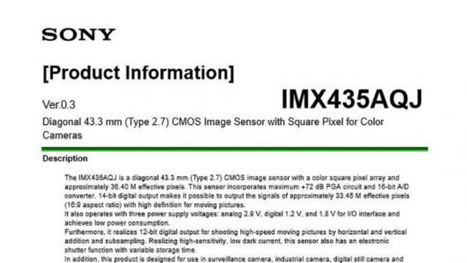 Полнокадровый датчик изображения Sonу IMX435AQJ  разрешением 36 Мп поддерживает съемку видео 8К