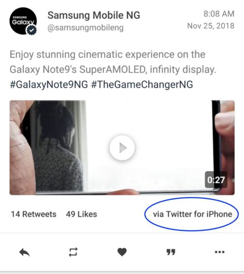 Официальный Twitter-аккаунт Samsung ведется со смартфона iPhone Официальный Twitter-аккаунт Samsung ведется со смартфона iPhone