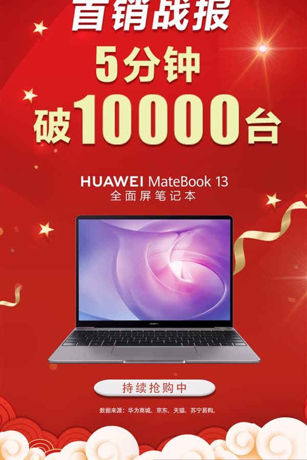 Всего за 5 минут Huawei продала 10 000 ноутбуков MateBook 13