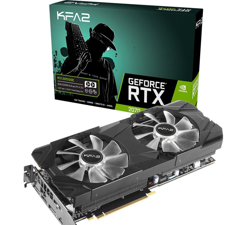 3D-карты KFA2 GeForce RTX 2070 EX и RTX 2070 EXOC оснащены системами охлаждения с двумя 100-миллиметровыми вентиляторами 3D-карты KFA2 GeForce RTX 2070 EX и RTX 2070 EXOC оснащены системами охлаждения с двумя 100-миллиметровыми вентиляторами