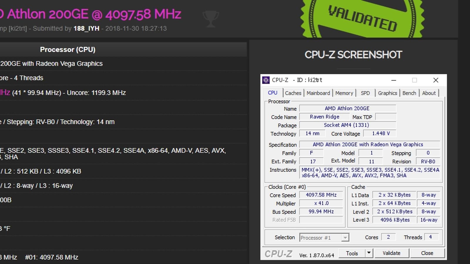 55-долларовый процессор AMD Athlon 200GE удалось разогнать до частоты свыше 4 ГГц