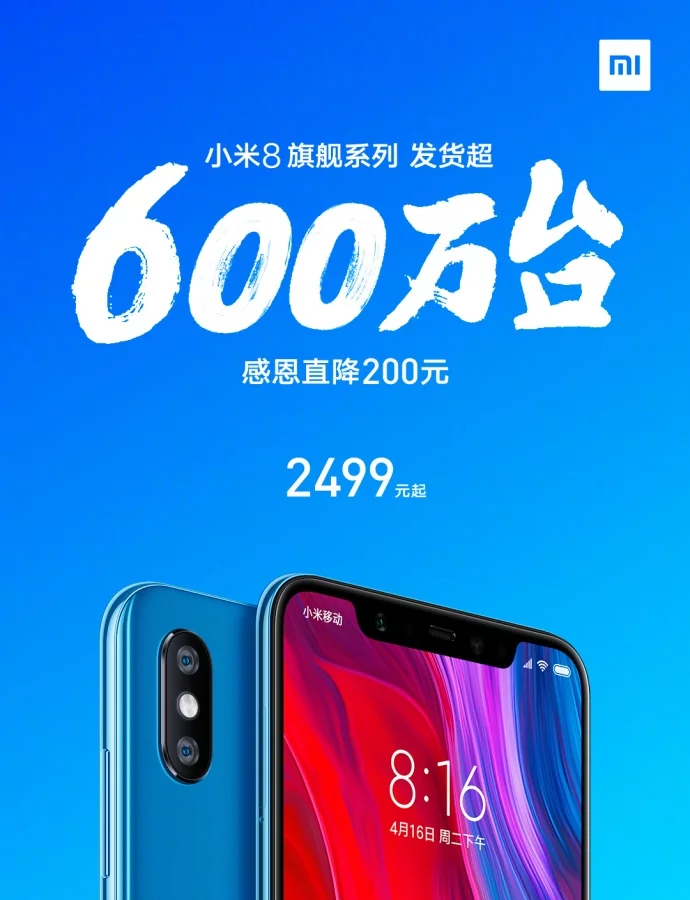 Продажи Xiaomi Mi 8 превысили 6 млн единиц, Xiaomi снизила цены на все версии смартфона