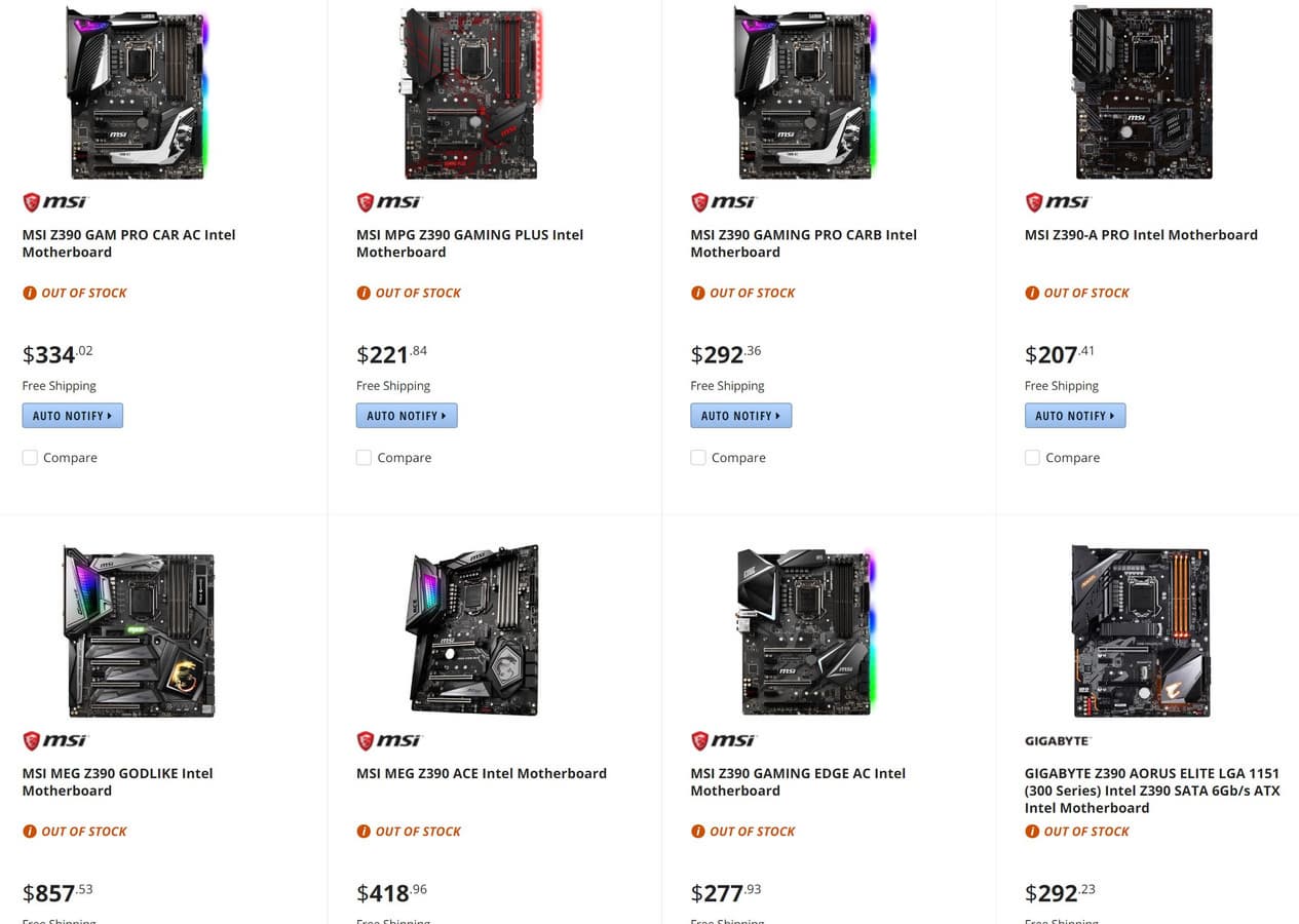 Канадский сайт Newegg «засветил» цены системных плат на чипсете Z390 Канадский сайт Newegg «засветил» цены системных плат на чипсете Z390