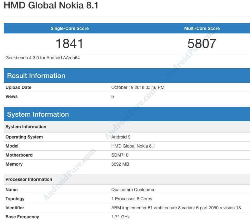 Смартфон Nokia 8.1 получил SoC Snapdragon 710 и ОС Android 9
