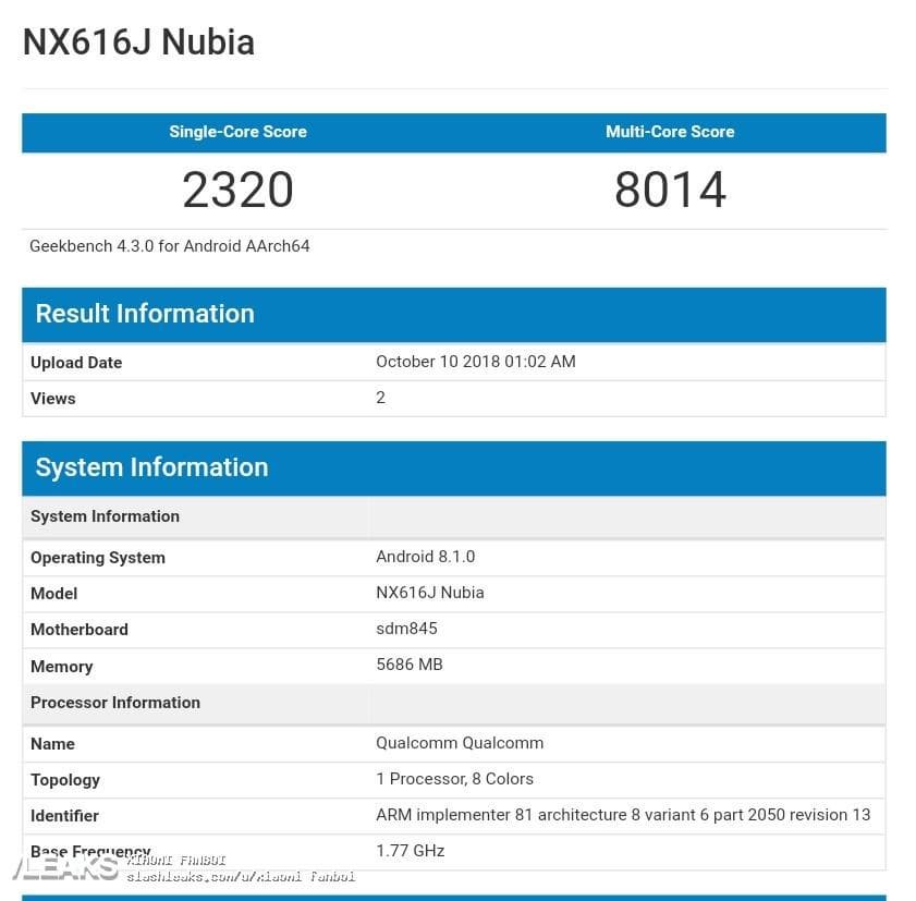 Смартфон ZTE Nubia NX616J на платформе Snapdragon 845 замечен в базе Geekbench