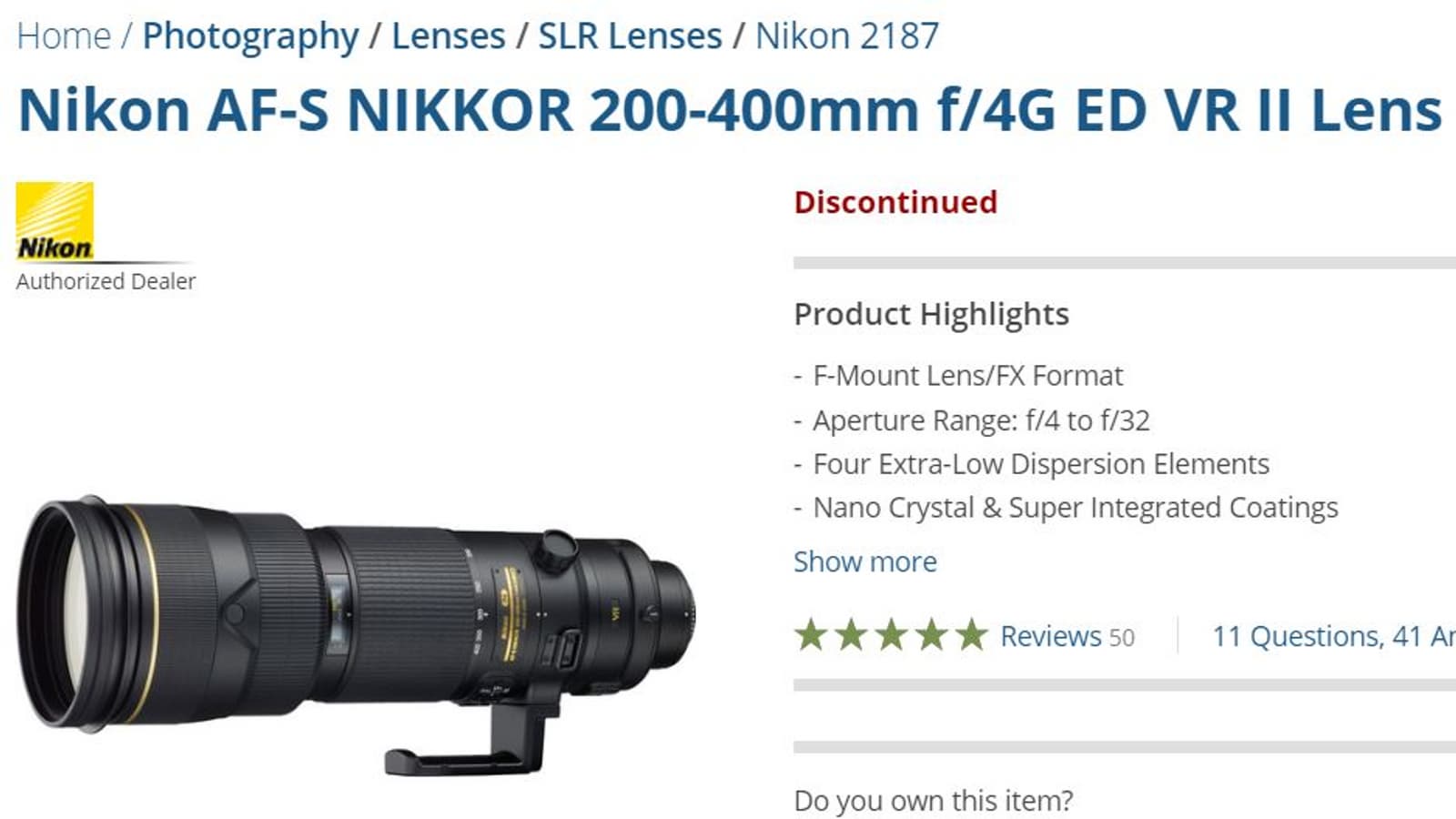 Выпуск объектива Nikon AF-S Nikkor 200-400mm f/4G ED VR II прекращен