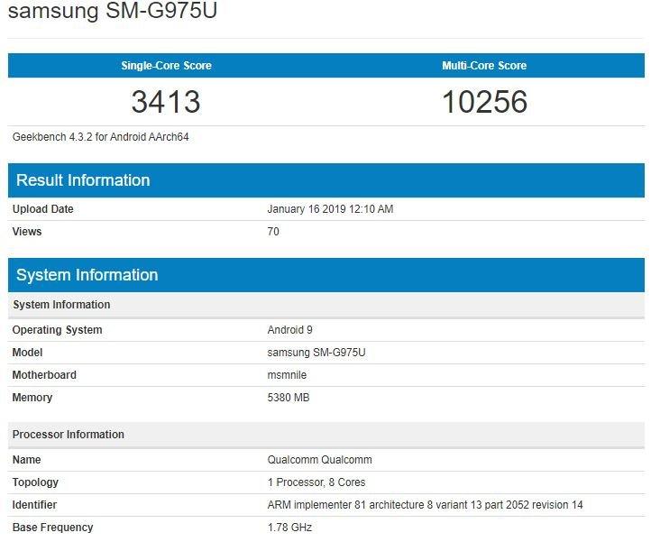 Samsung Galaxy S10+ замечен Geekbench: всего 6 ГБ ОЗУ и производительность ниже, чем у Sony Xperia XZ4