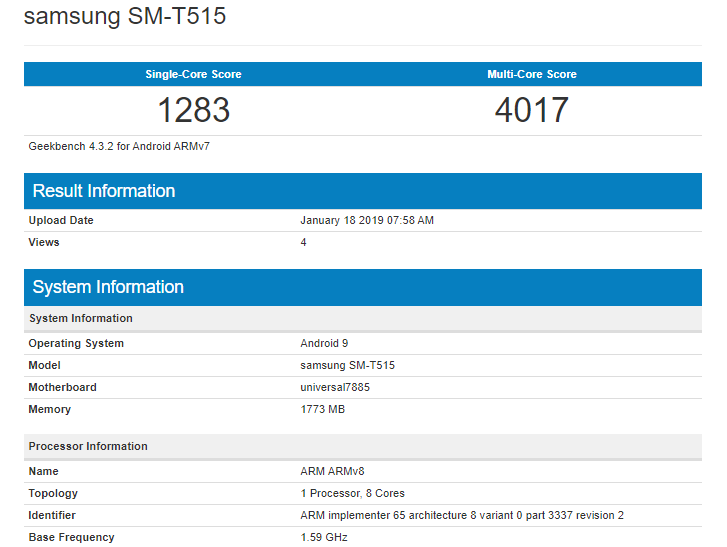 Готовящийся к выпуску планшет Samsung SM-T515 под управлением Android 9.0 Pie засветился в Geekbench Готовящийся к выпуску планшет Samsung SM-T515 под управлением Android 9.0 Pie засветился в Geekbench