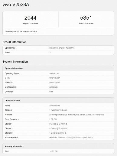 «Боевой ангел» Vivo S50 получит Snapdragon 8s Gen 3 и 16 ГБ памяти: смартфон засветился в Geekbench