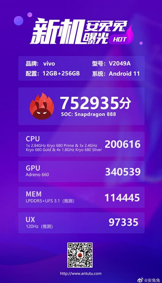 Snapdragon 888 + быстрая память = более 750 тыс. в AnTuTu. iQOO 7 протестирован перед выходом