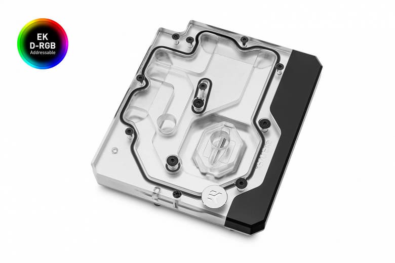 Водоблок EK-Quantum Momentum Aorus X570 Elite D-RGB охлаждает процессор и регуляторы напряжения Водоблок EK-Quantum Momentum Aorus X570 Elite D-RGB охлаждает процессор и регуляторы напряжения