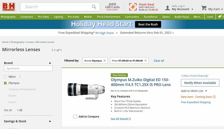 Небольшая хитрость позволила узнать цену объектива Olympus M.Zuiko Digital ED 150-400mm f/4.5 TC1.25X IS PRO накануне анонса