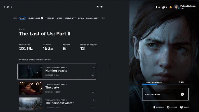 Главное меню PlayStation 5 на примере ожидаемой игры The Last of Us Part II