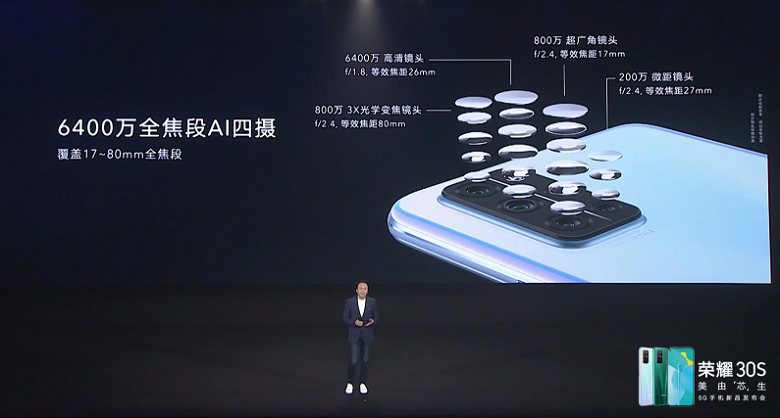 Педставлен Honor 30S — первый смартфон бренда с 5G, Kirin 820, 64-мегапиксельной, 3-кратным оптическим зумом и зарядкой мощностью 40 Вт