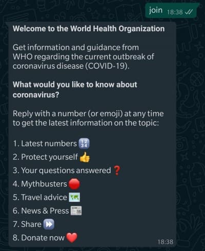 В WhatsApp появился официальный чат-бот ВОЗ, который рассказывает всю правду о коронавирусе