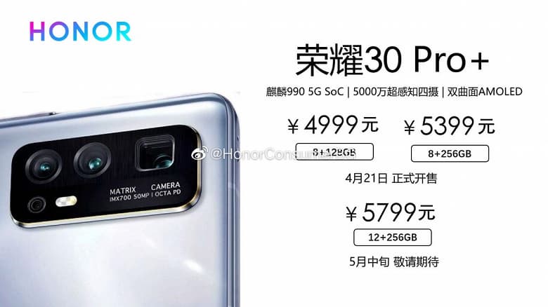 Honor 30 Pro+ будет ощутимо дороже Huawei P40. Стала известна цена на родном для бренда рынке