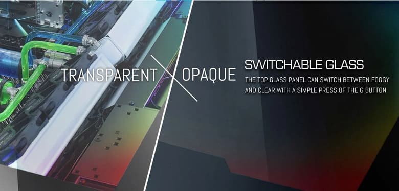 Столешницы корпусов в форме столов Lian Li DK-05F и DK-04F изготовлены из электрохромного стекла 