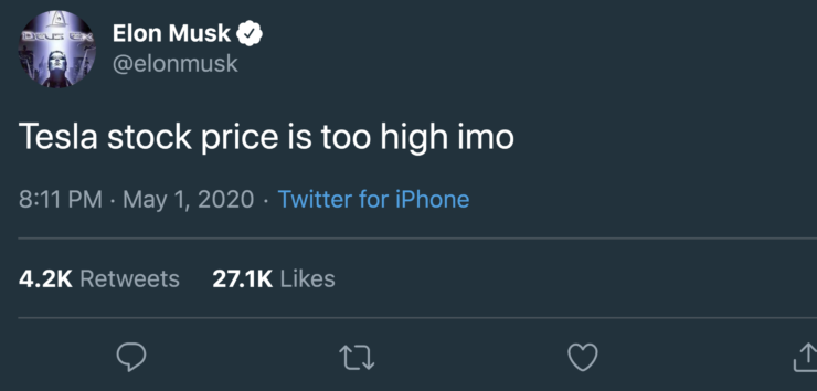 Илон Маск сказал, что акции Tesla стоят дорого. Акции упали