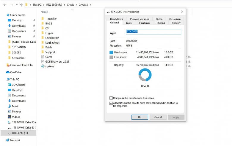 Владелец GeForce RTX 3090 установил Crysis 3 в память видеокарты, создав там раздел NTFS