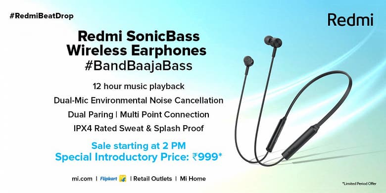 12 часов работы, IPX4 и шумоподавление при цене менее  Представлены беспроводные наушники Redmi SonicBass