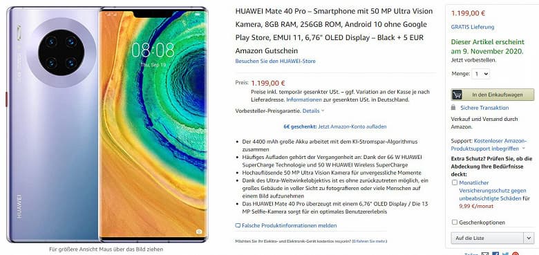 Цена на уровне iPhone 12 Pro Max. Немецкий Amazon раскрыл стоимость Huawei Mate 40 Pro за сутки до анонса Цена на уровне iPhone 12 Pro Max. Немецкий Amazon раскрыл стоимость Huawei Mate 40 Pro за сутки до анонса