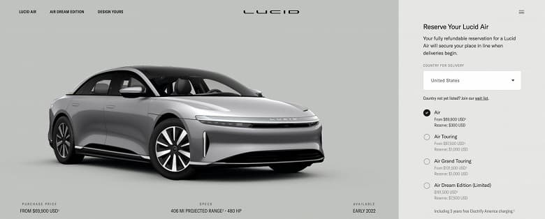  990 за 480 электрических «лошадей». Названа стоимость базовой версии люксового седана Lucid Air