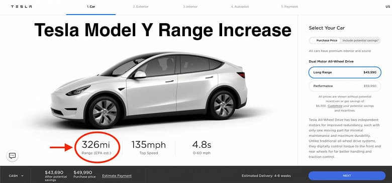 Запас автономности электромобиля Tesla Model Y увеличен