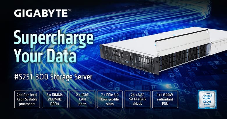 Сервер хранения Gigabyte S251-3O0 вмещает 24 накопителя типоразмера 3,5 дюйма Сервер хранения Gigabyte S251-3O0 вмещает 24 накопителя типоразмера 3,5 дюйма