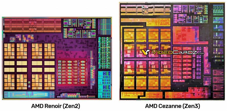 Кристаллы процессоров AMD Renoir (Zen2) и AMD Cezanne (Zen3) на одном изображении