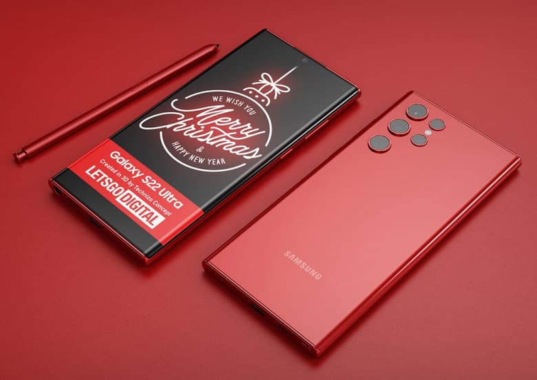 Samsung Galaxy S22 Ultra в красном позирует на качественных рендерах