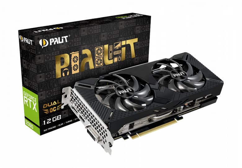 Конструкция системы охлаждения видеокарт серии Palit GeForce RTX 2060 Dual с 12 ГБ памяти включает два 90-миллиметровых вентилятора