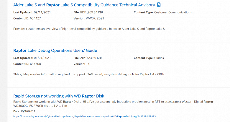 Intel подтвердила существование «рапторов». Процессоры Raptor Lake соседствуют в документах с Alder Lake