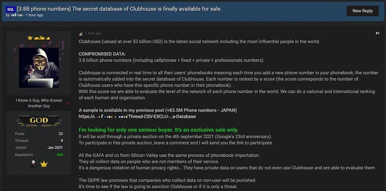 Под угрозой даже те, кто никогда не слышал о Clubhouse: в сеть утекло более 3,8 млрд телефонных номеров