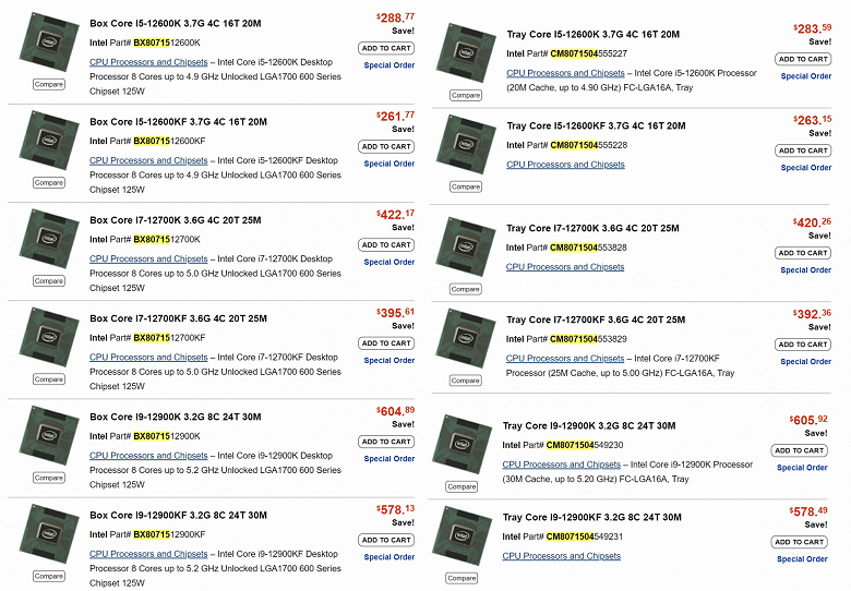 Процессоры Intel Core 12 окажутся лишь немногим дороже Intel Core 11. Американский ретейлер раскрыл стоимость Core i9-12900K, Core i7-12700K и Core i5-12600K