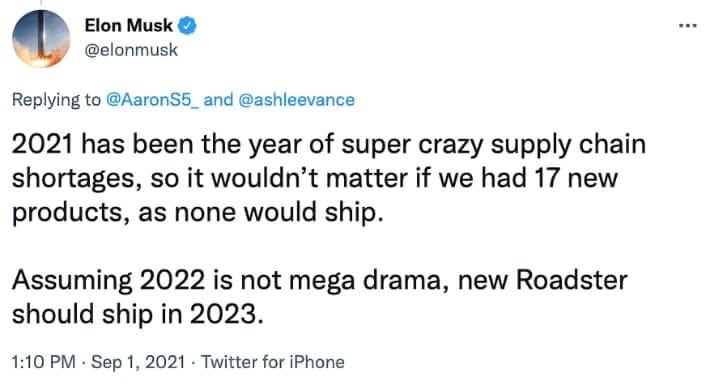 Tesla Roadster 2 сможет разгоняться до 100 км/ч всего лишь за 1,1 с, но лишь в 2023 году