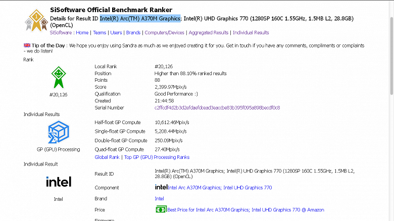 3D-карта Intel A370M обходит по производительности Radeon RX 580 и совсем немного уступает GeForce GTX 1650 Super