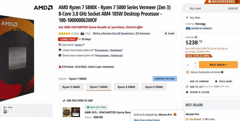 8-ядерный Ryzen 7 5700X подешевел до $200 в ходе праздничной распродажи в США. Ryzen 7 5800X стал доступнее практически на 50%