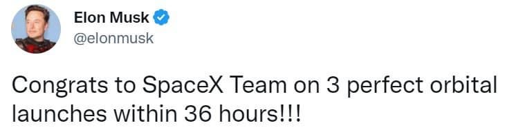 SpaceX вывела на орбиту 110 спутников за 36 часов. Илон Маск поздравил компанию с 3 успешными орбитальными миссиями