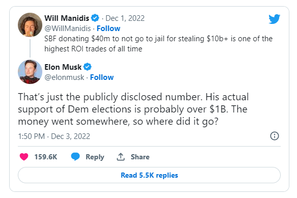 Илон Маск: Бывший глава криптобиржи FTX пожертвовал Демократической партии США более чем $1 млрд.