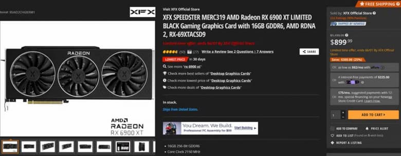 Radeon RX 6900 XT продают в США за 800 долларов – на 20% дешевле рекомендованной розничной стоимости