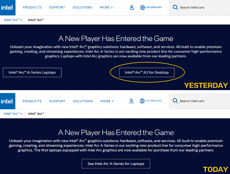 Intel наконец-то готова выпустить свои настольные видеокарты. На сайте компании появилась ссылка на карты Arc A3