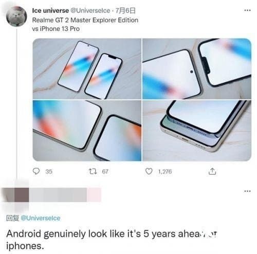 «Выглядит так, будто он опережает iPhone на 5 лет». Realme GT2 Master Explorer Edition сравнили с iPhone 13 Pro