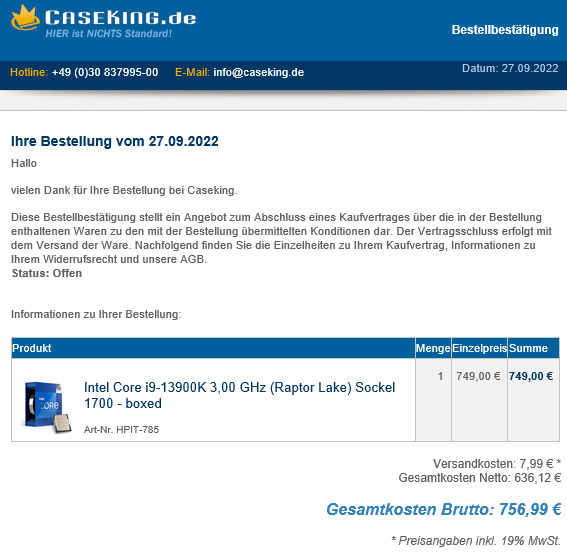 750 евро вместо 590 долларов за Core i9-13900K. В Европе новинка Intel значительно дороже, чем в США