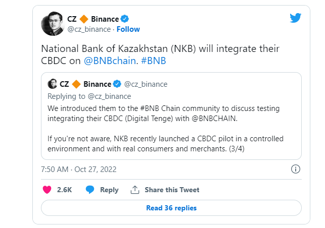 ЦБ Казахстана интегрирует свою CBDC (цифровую валюту национального банка) в BNB Chain