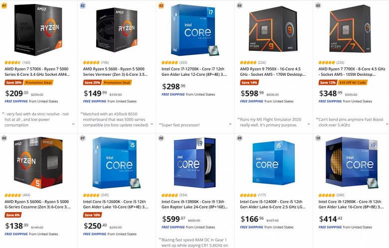 6-ядерные процессоры AMD Ryzen 5600 – безоговорочные хиты. Они входят в топ-5 и топ-10 самых популярных онлайновых ретейлеров