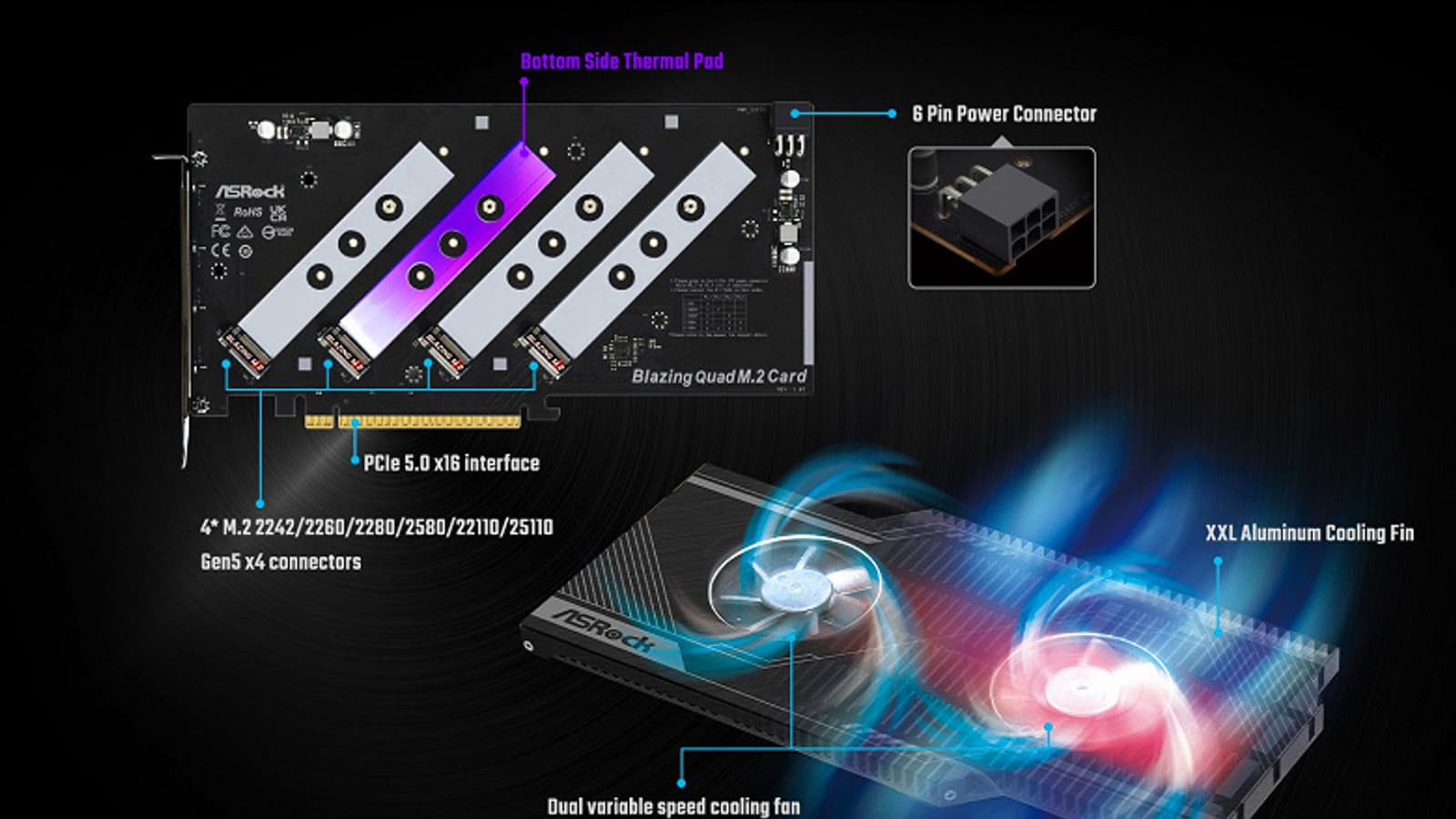 Подключить четыре SSD с PCIe 5.0 к одному слоту PCIe. ASRock представила плату расширения Blazing Quad M.2 Card