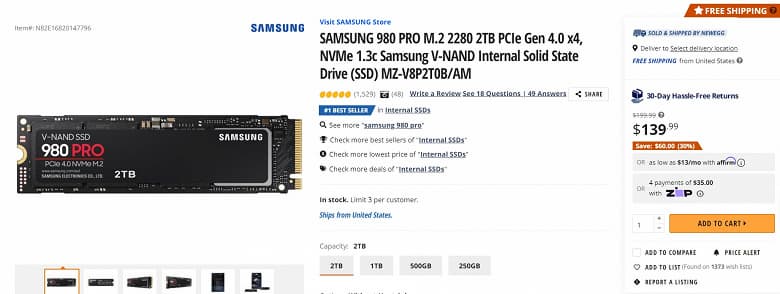 SSD Samsung 980 Pro вместительностью 2 ТБ доступен за 130 долларов