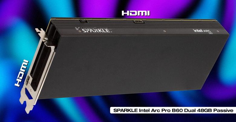 Sparkle Arc Pro B60 Dual Passive с 48 ГБ памяти, пассивным охлаждением и необычным размещением HDMI-порта